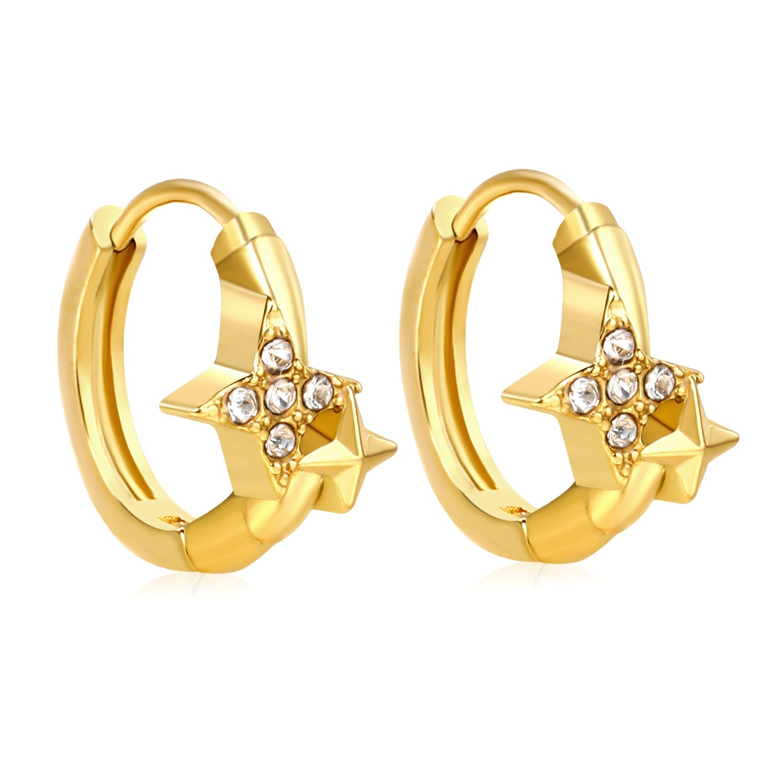 8 x 7.5mm four-pointed star imitation white Czech diamonds, earring posts 2.2 x inner diameter 10mm, gold-colored earrings asonjewelry